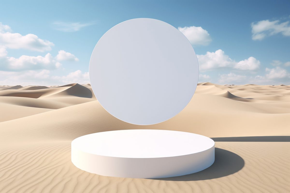 Minimalist white podium for product presentation placed in a desert landscape