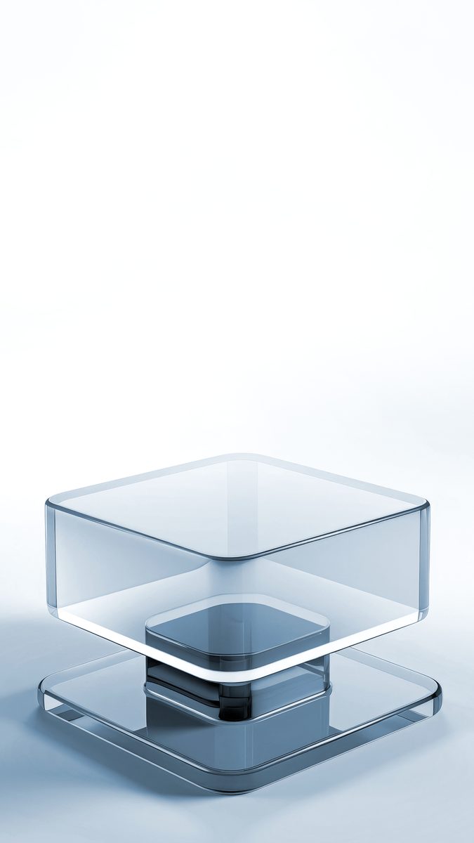 Modern glass square empty podium for product presentation on minimalist background
