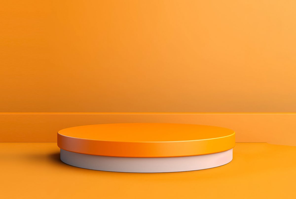 Modern orange and white round empty podium for product presentation on a minimalist background