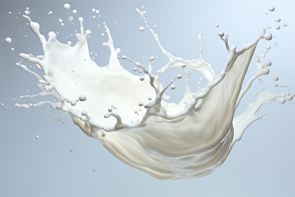 Photo of milk splashing on light background
