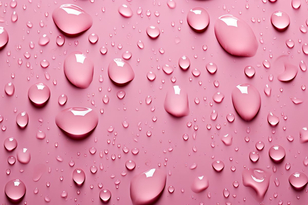 Photo of water droplets splashed on a pink surface
