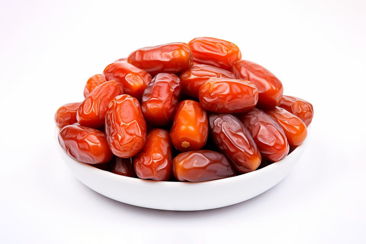Pile of dried dates on a plate isolated on a white background