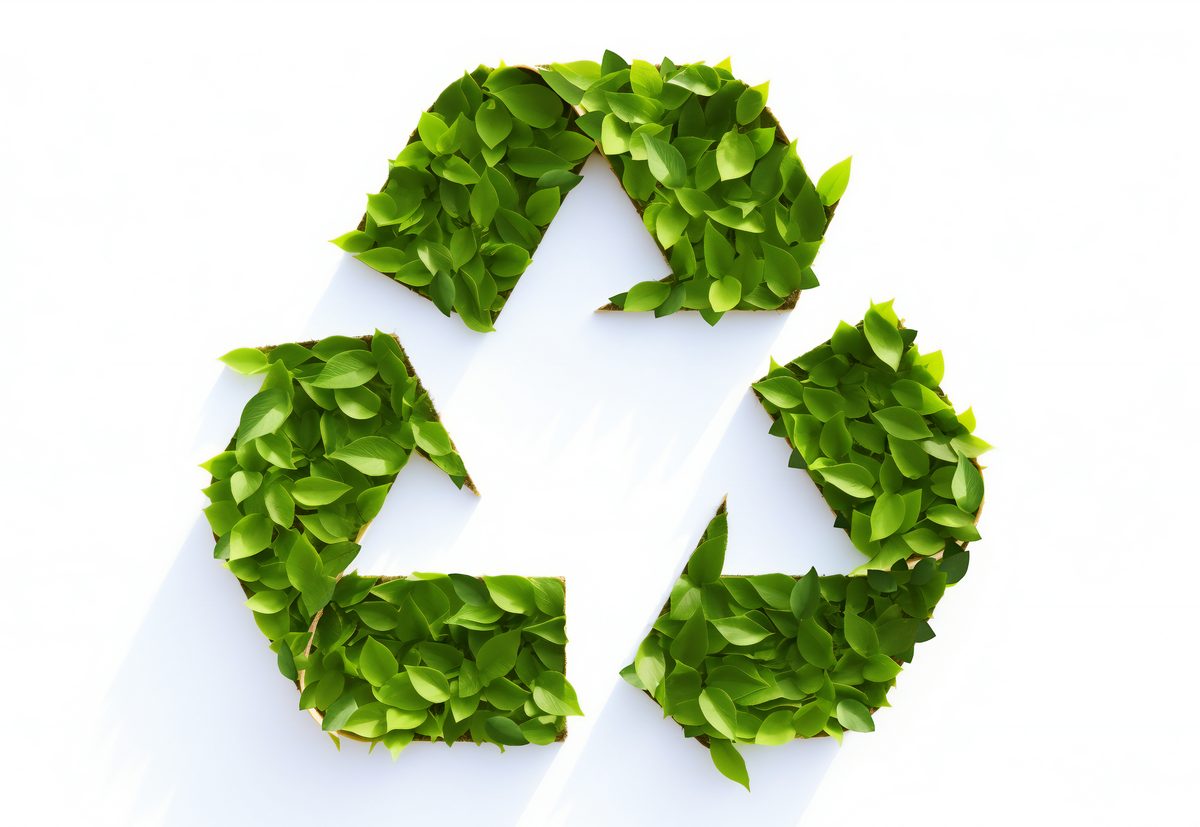 Recycling symbol made of green leaves on white background