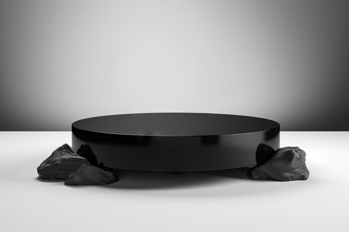 Round black podium for product presentation on a white background