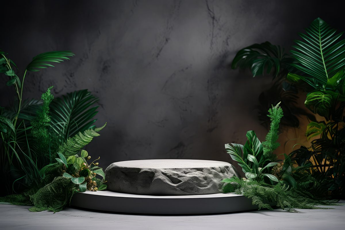 Round empty raw stone podium for product presentation surrounded by plants in an industrial setting