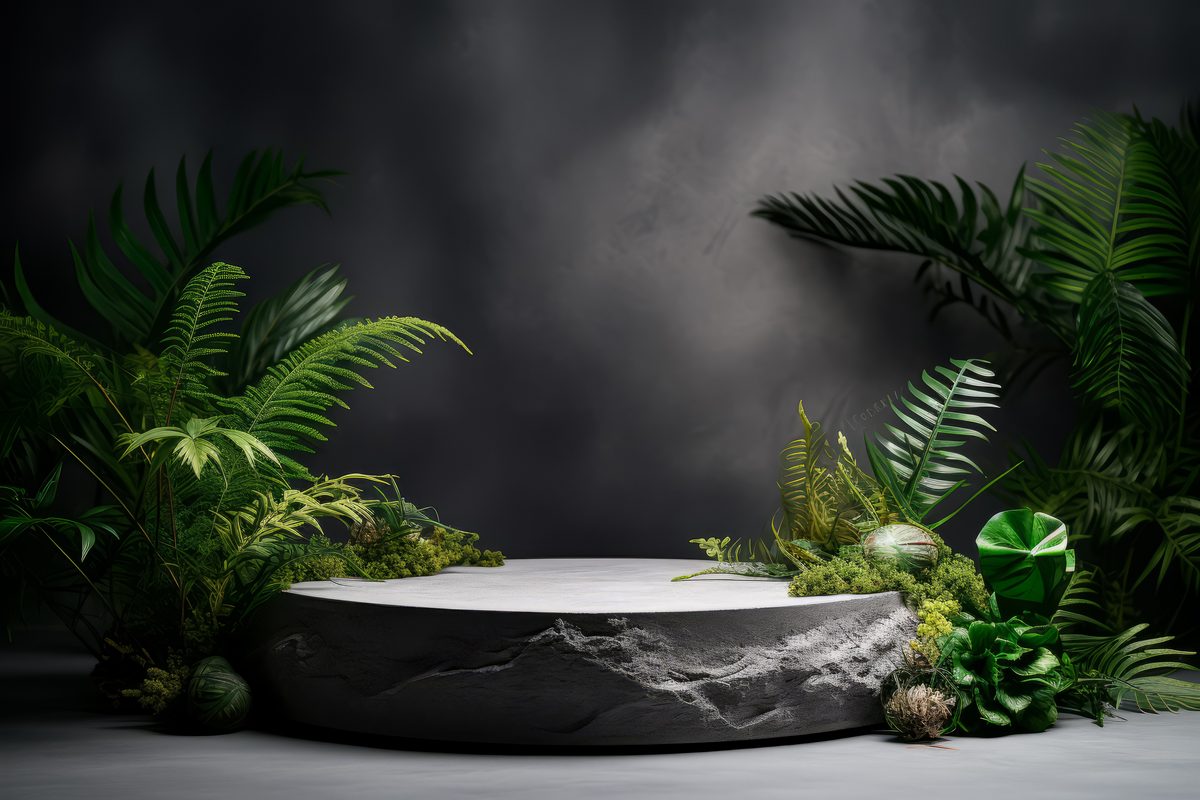 Round empty raw stone podium for product presentation surrounded by tropical plants in an grey setting