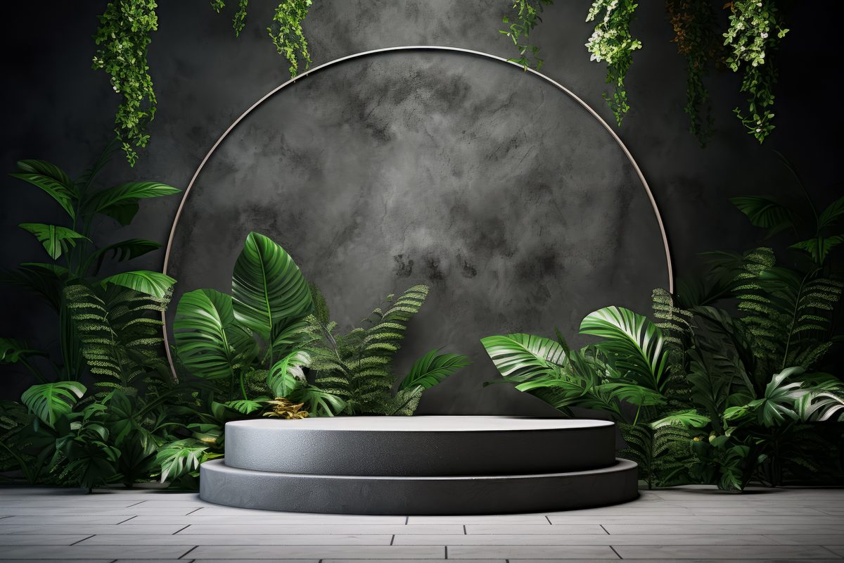 Round empty raw stone podium for product presentation surrounded by tropical plants in an industrial grey setting