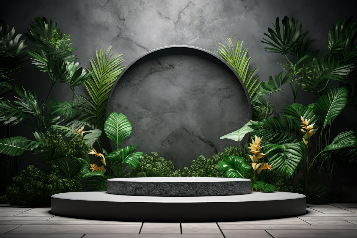 Round empty raw stone podium for product presentation surrounded by tropical plants in an industrial setting