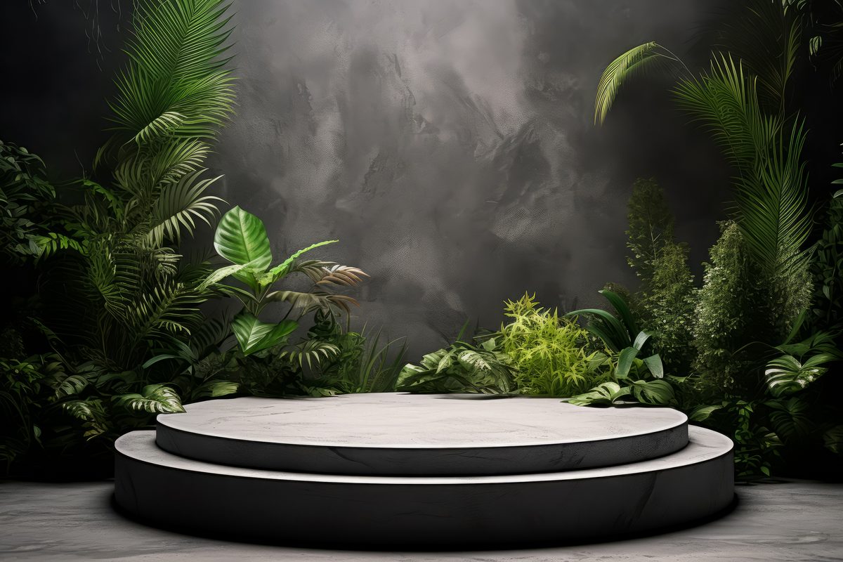 Round empty rough stone podium for product presentation surrounded by tropical plants in an industrial setting
