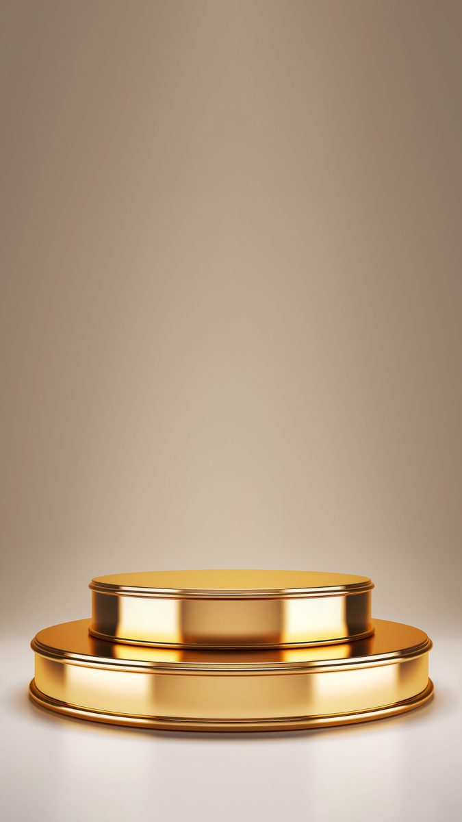 Round empty shiny gold podium for product presentation over a soft background