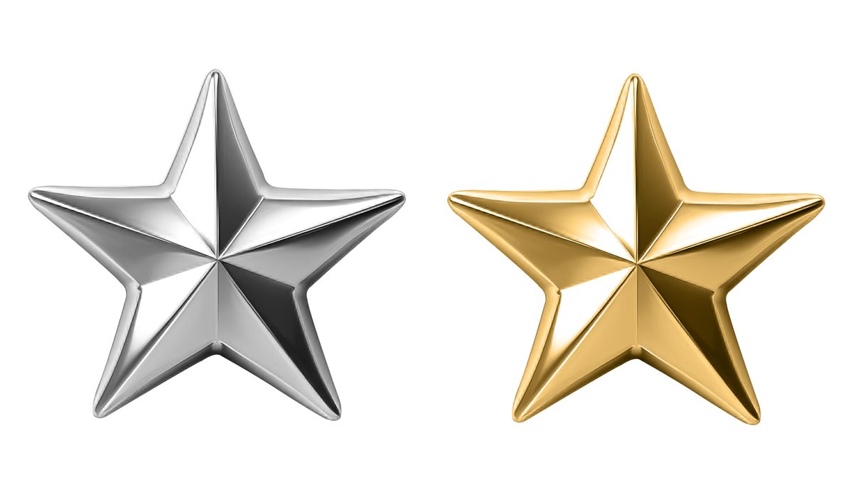 Silver and golden 3D stars isolated on white background