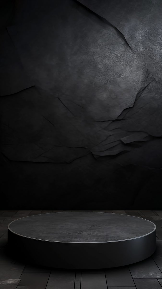 Simple round black empty podium for product presentation over a black stone background