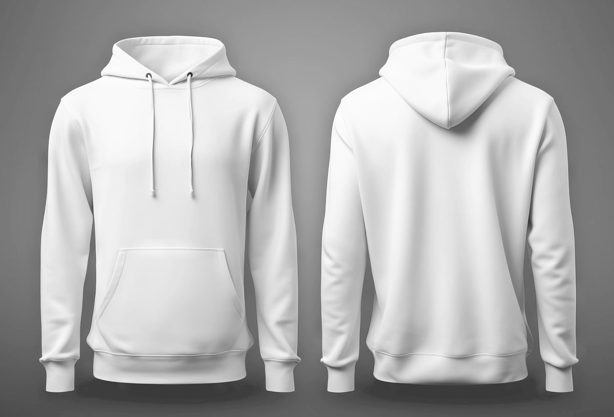 White hooded sweatshirt seen from the front and back on grey background