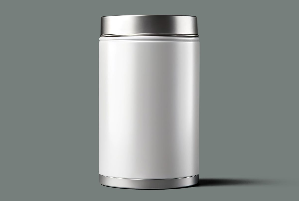 White metal canister with silver lid insulated on grey background