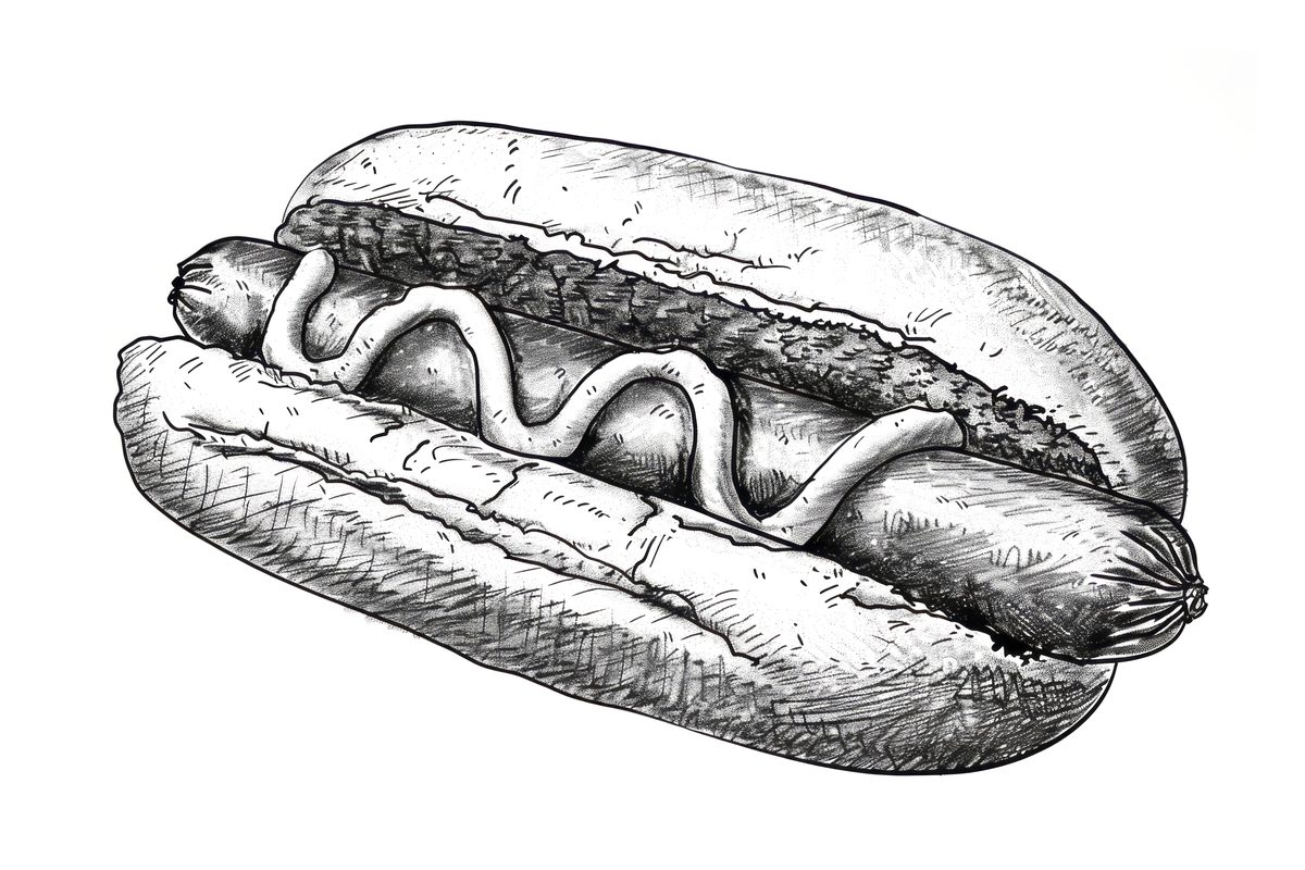 Black and White Sketch of a Hot Dog