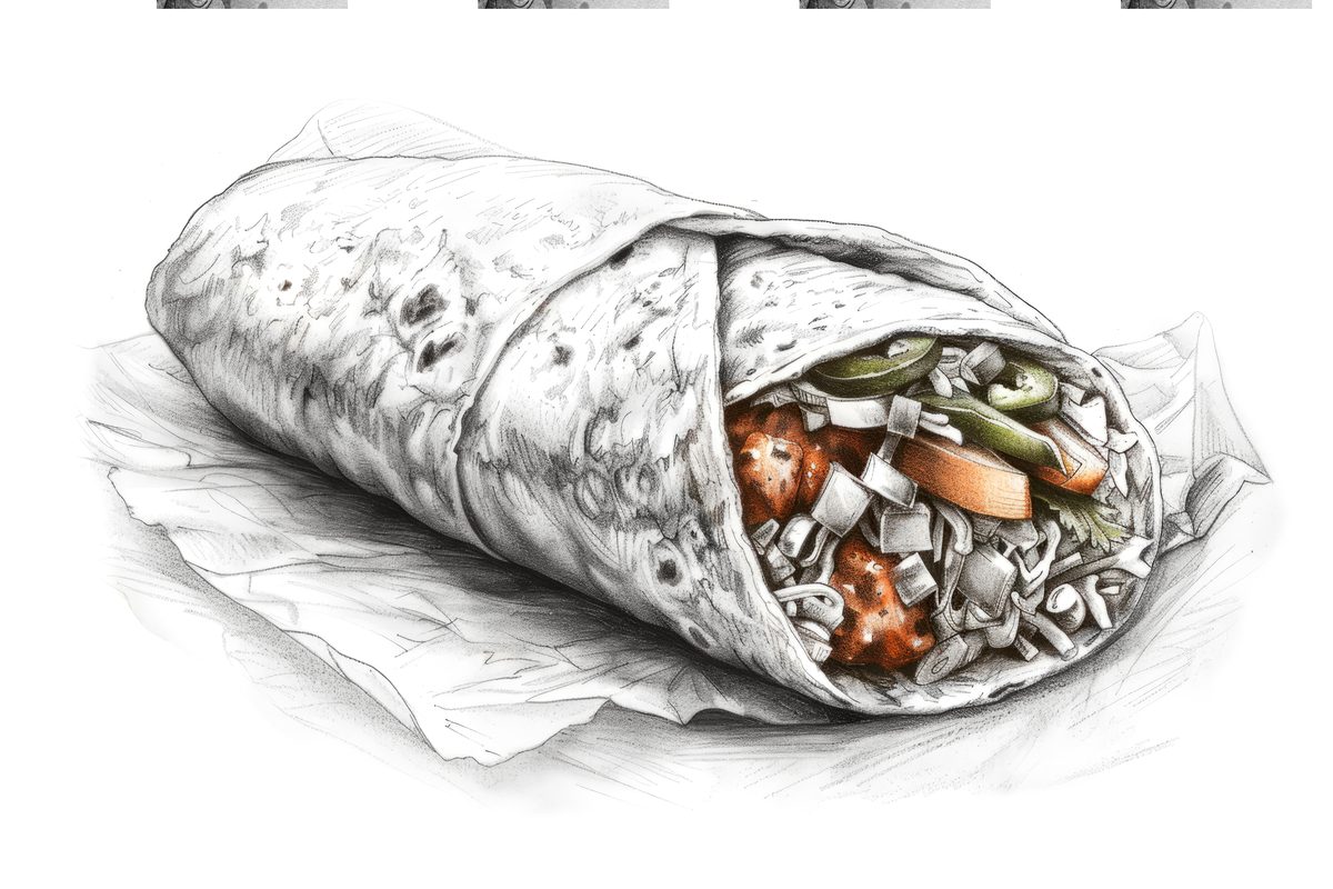 Black and White Sketch of a Mexican Burrito