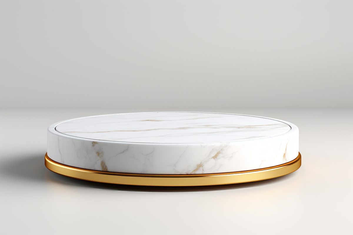 3D rendering of empty round marble and gold podium for product display