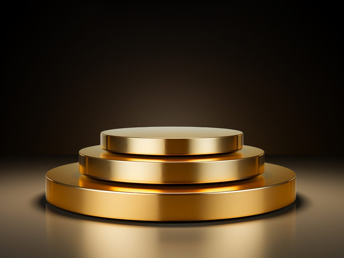 3D rendering of empty round stepped golden podium for product display studio background