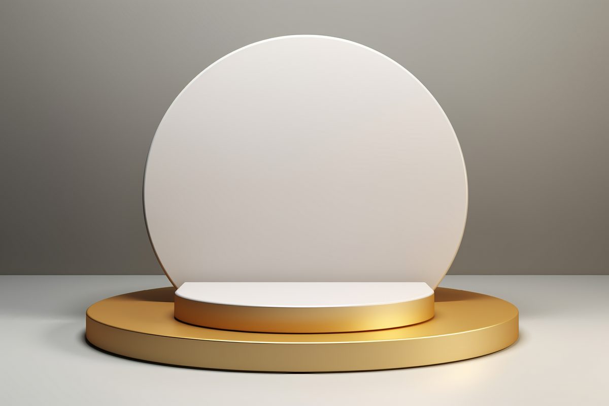 3D rendering of empty round white and golden podium for product display