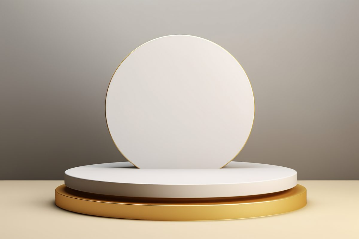 3D rendering of empty round white and golden podium for product display studio background
