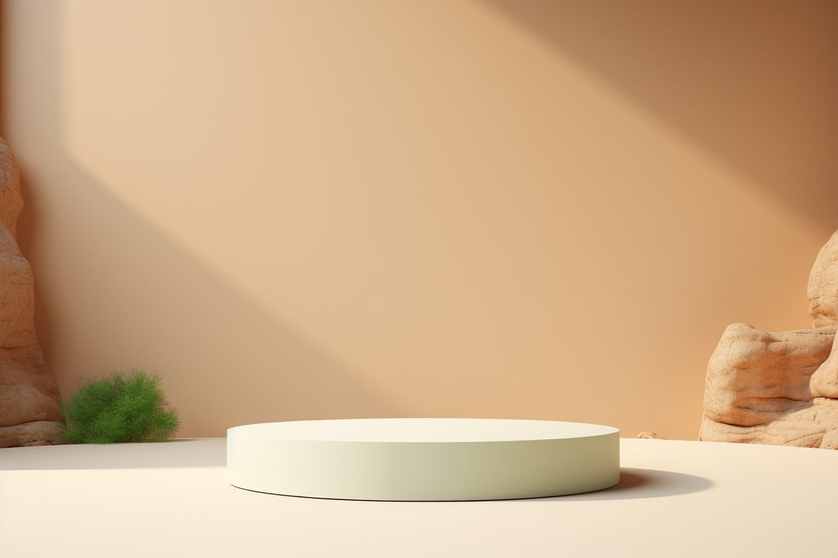 3D rendering of empty round white podium for product display surrounder by nature