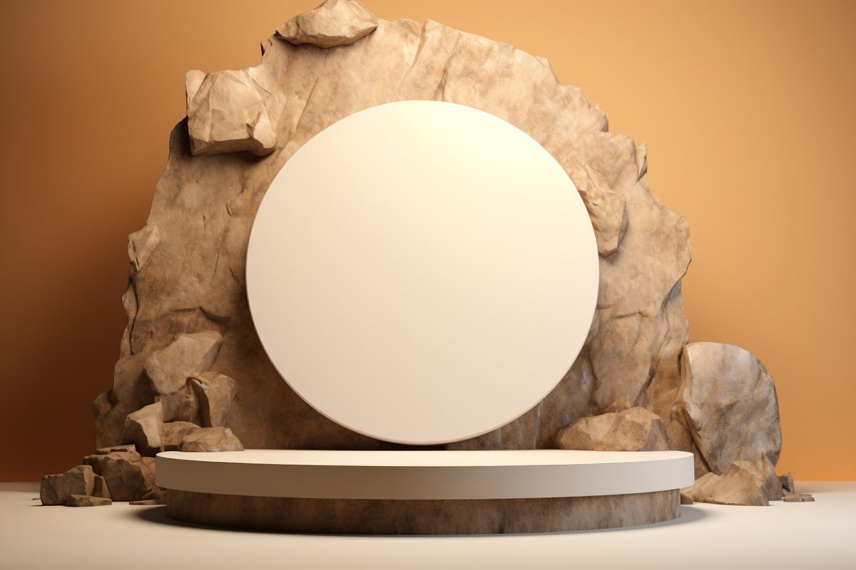 3D rendering of empty round white podium for product display surrounder by stones