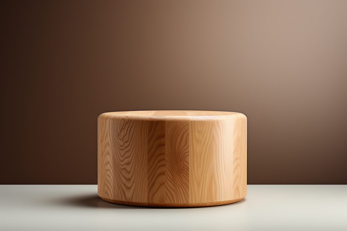 3D rendering of empty round wooden podium for product display studio background