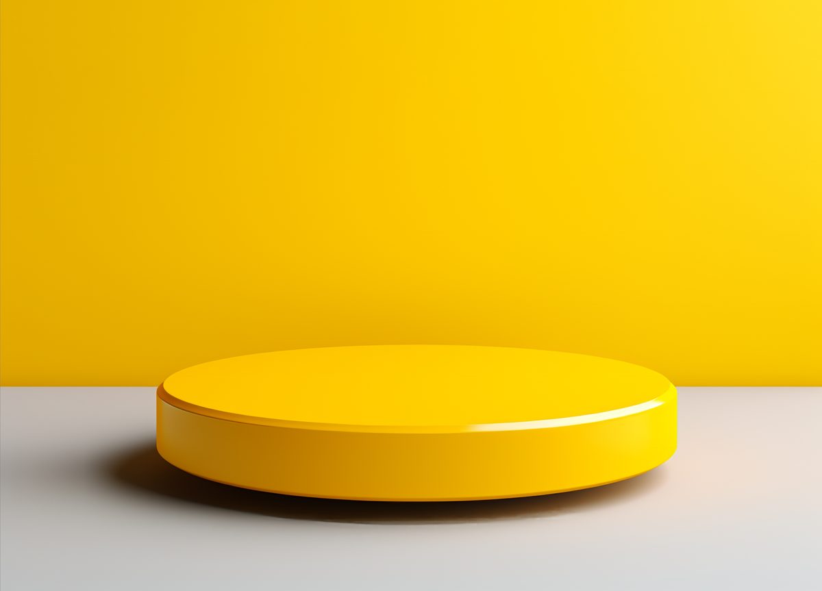 3D rendering of shiny yellow plastic round podium for product display on studio background