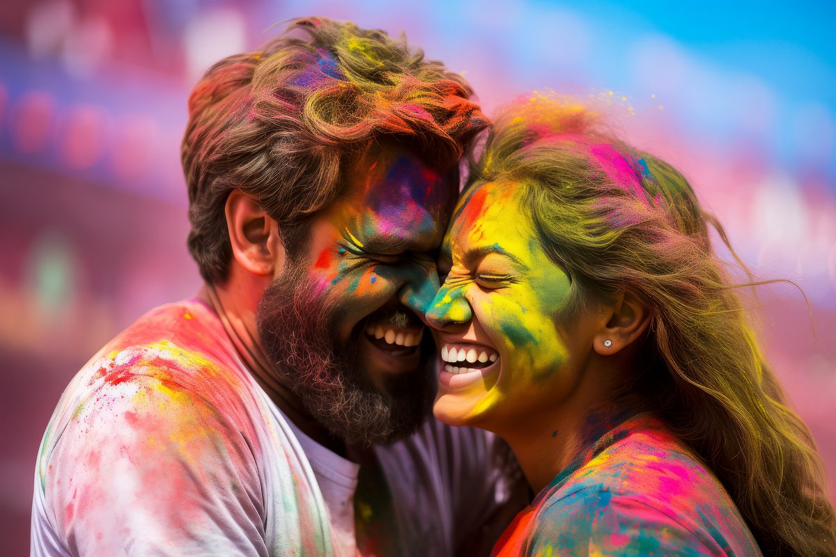 Beautiful Indian Couple Covered With Colored Dust in Holi