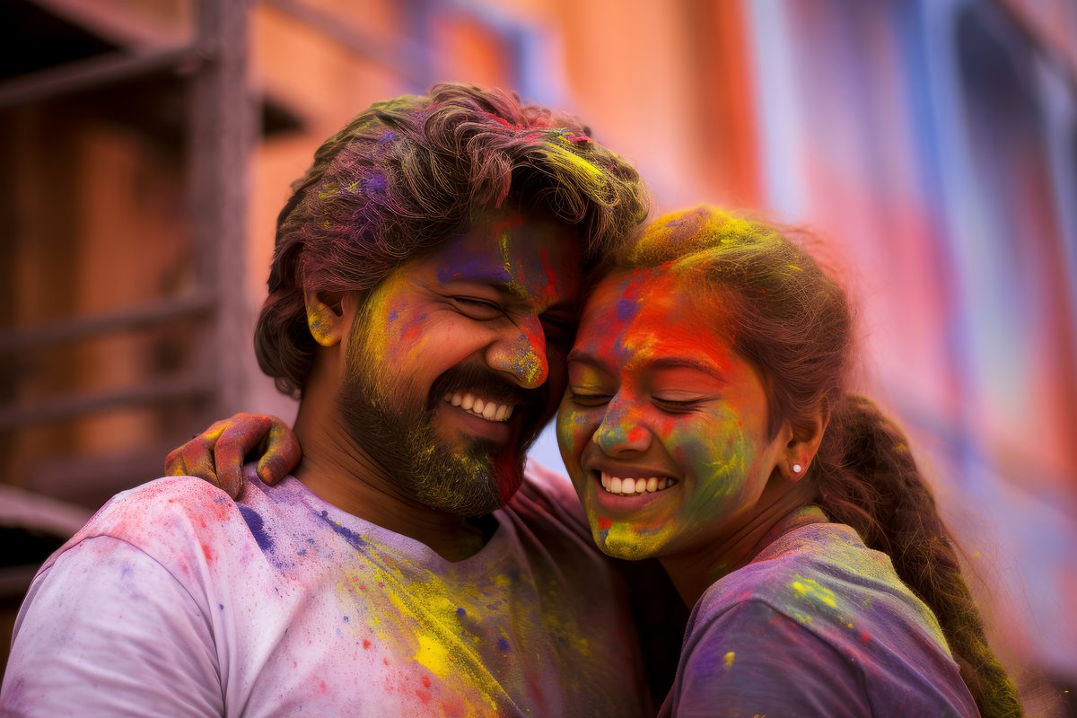 Beautiful Indian Couple Covered With Colored Dust in Holi Fest