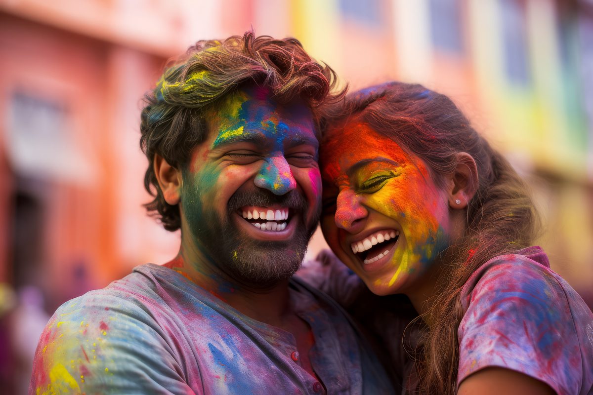 Beautiful Indian Couple Covered With Colored Dust in Holi Festival