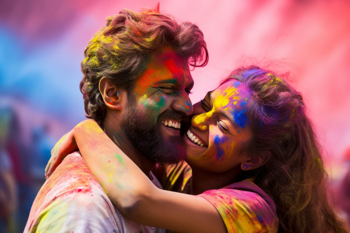 Beautiful Indian Couple Covered With Colors Dust in Holi Fest