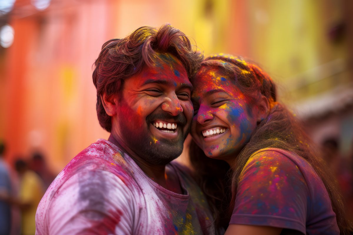 Beautiful Indian Couple Covered With Colors Dust in Holi Festival