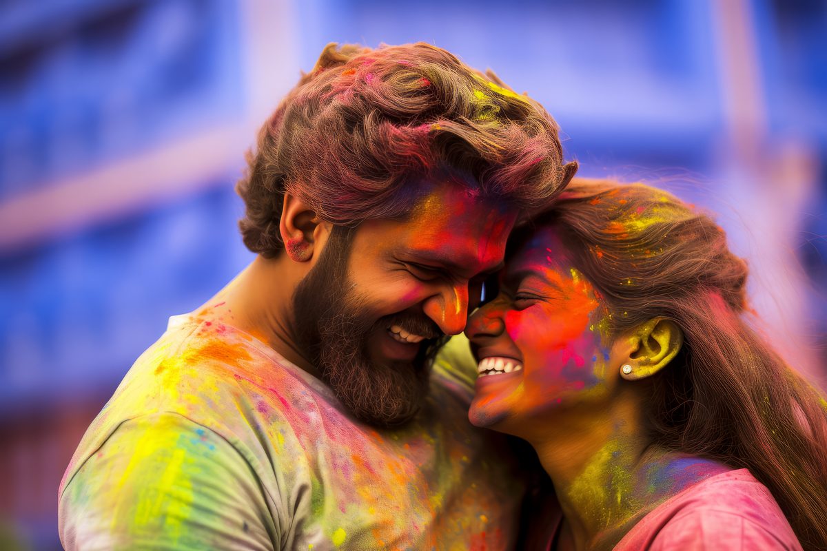 Beautiful Indian Couple Covered With Colors in Holi Festivity