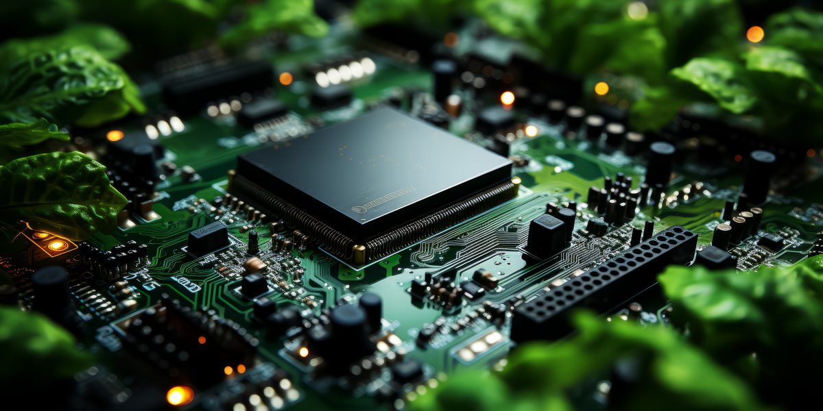 Close-Up Image of Computer Microchip surrounded by green leaves