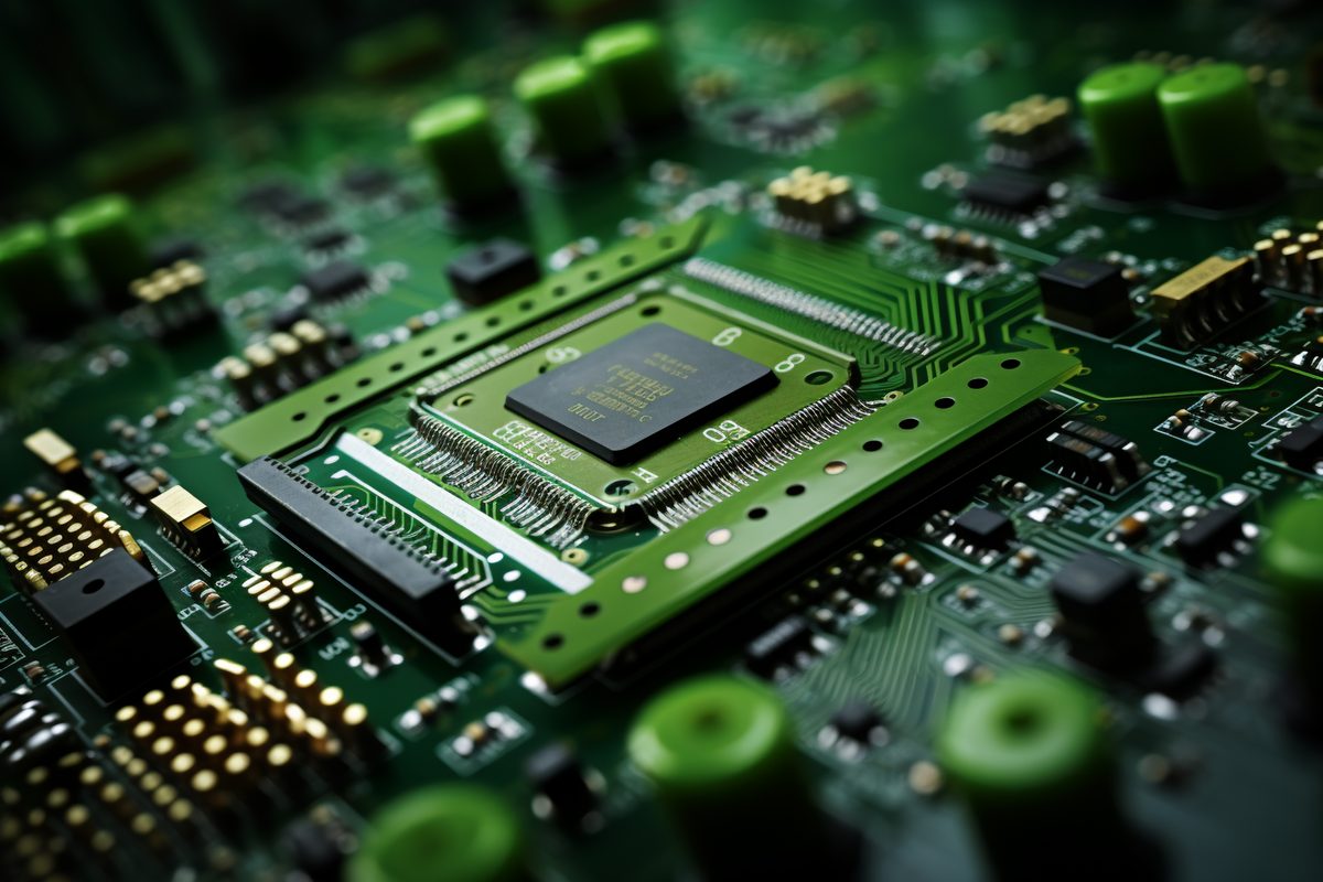 Detailed macro photography of an electronic motherboard in green colors