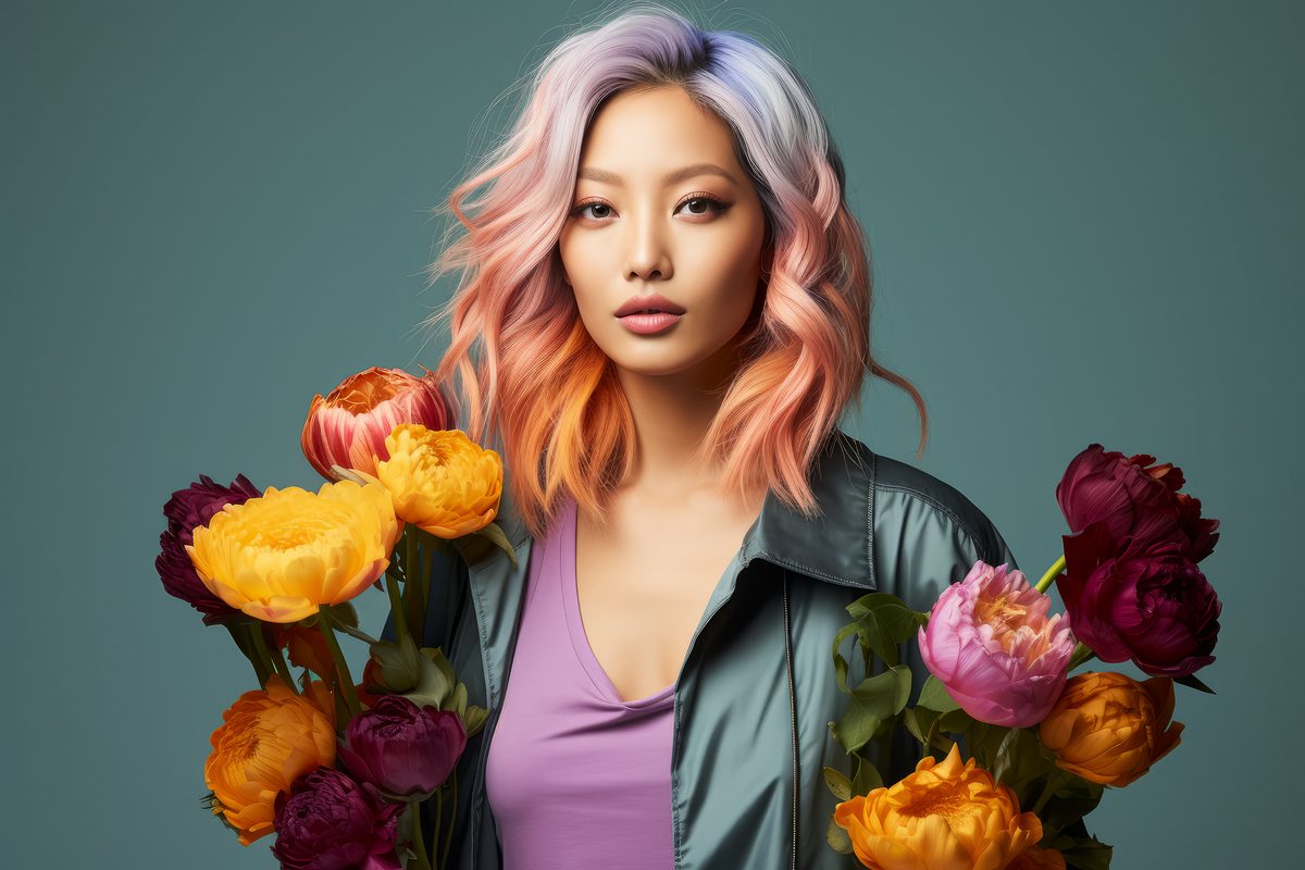 Editorial photography of a asian girl with colored hair wearing pastel clothes and holding some flowers