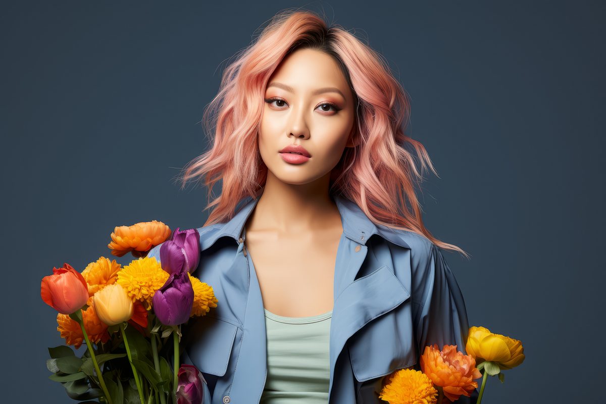 Editorial photography of a asian girl with pink hair wearing pastel clothes and holding some flowers