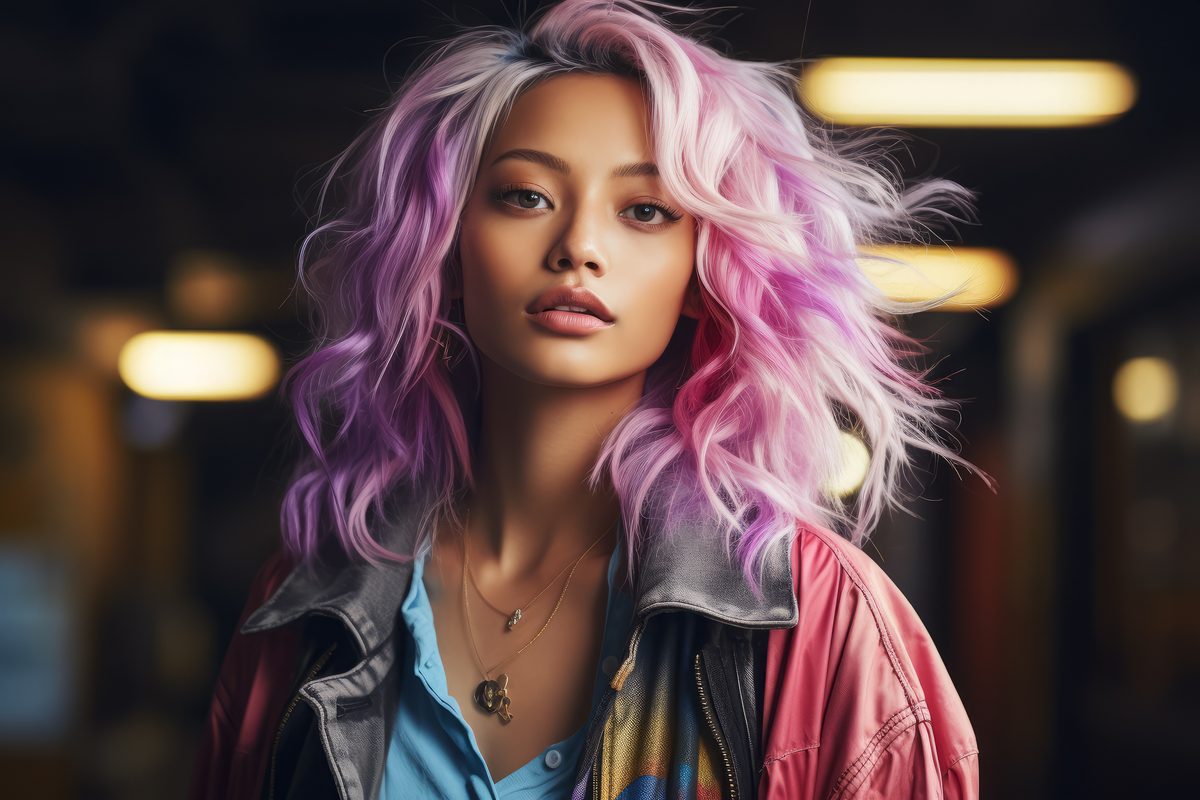Editorial photography of a asian girl with pink hair wearing pastel clothes in a city street