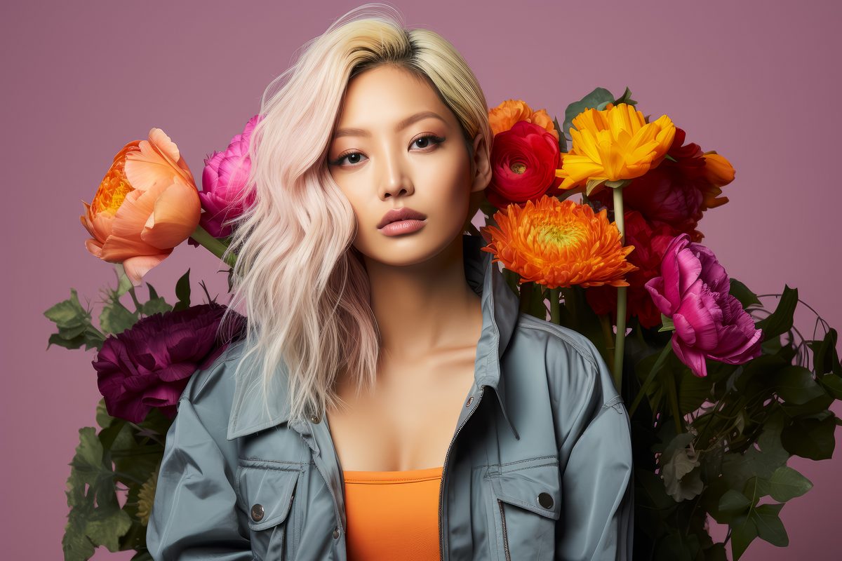 Editorial photography of a young asian woman with blonde hair wearing pastel clothes over a pale pink background with flowers