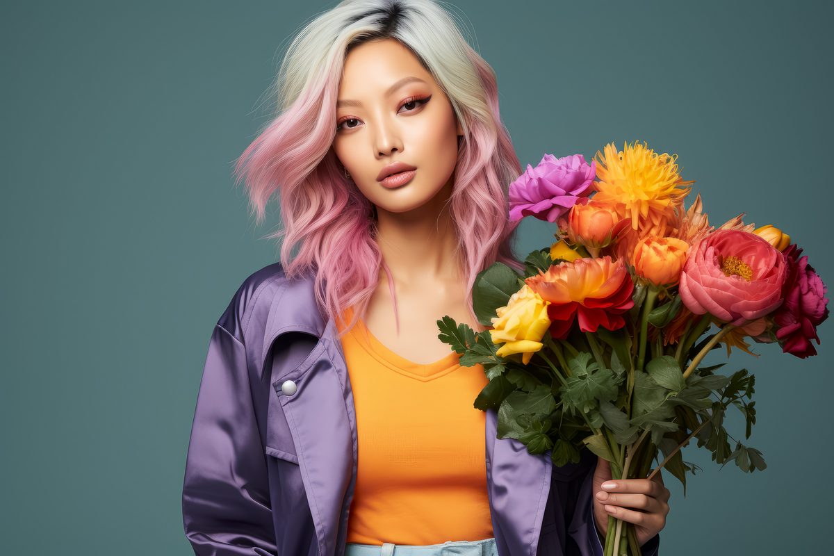 Editorial photography of a young asian woman with pastel hair wearing pastel clothes and holding a bouquet of flowers