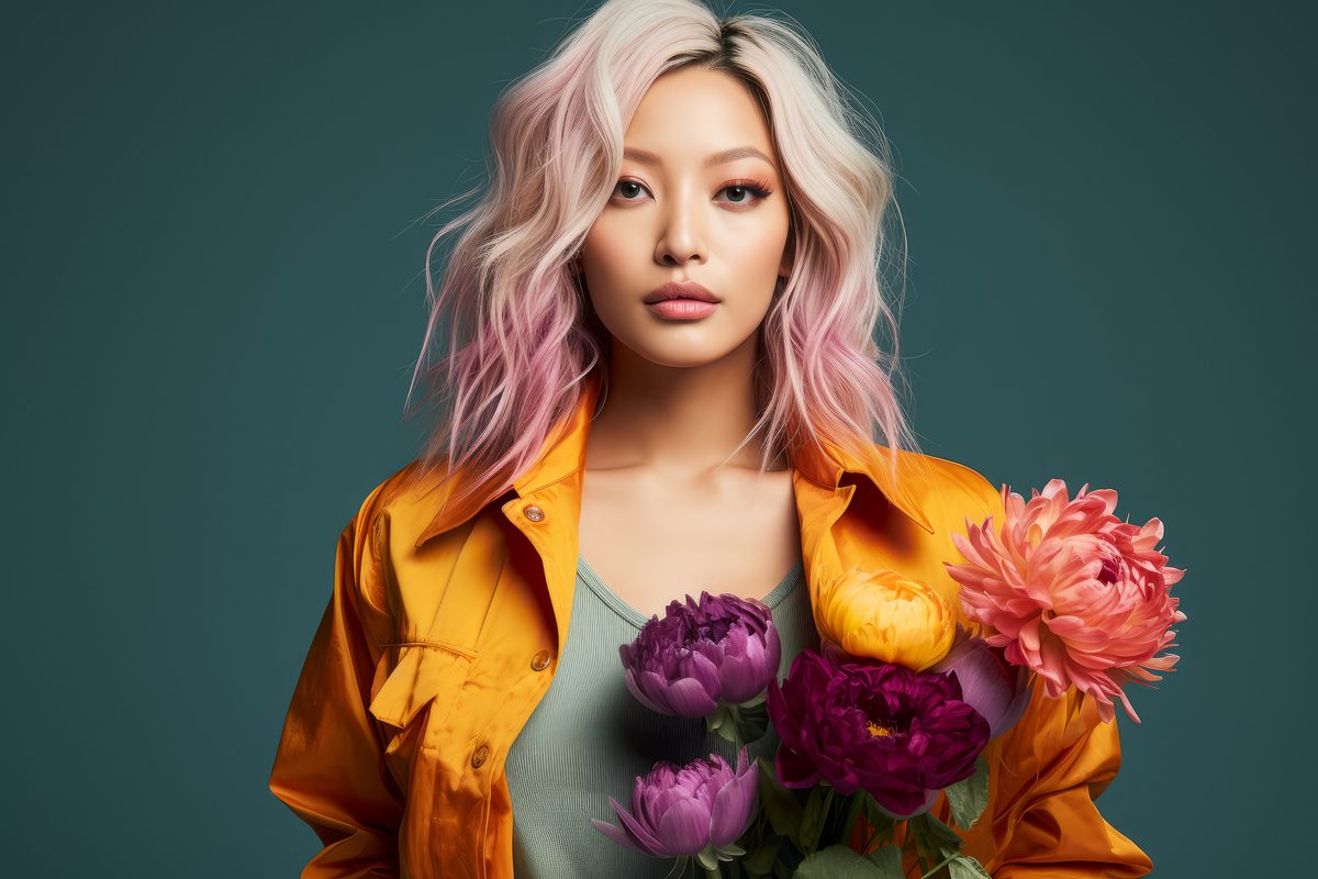 Editorial photography of a young asian woman with pink hair wearing pastel clothes and holding some flowers