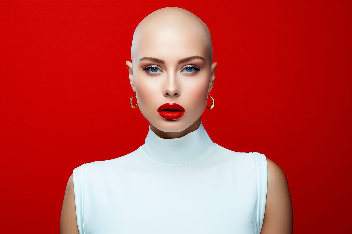 Editorial photography of a young bald woman with red lips dressed in white on a red background