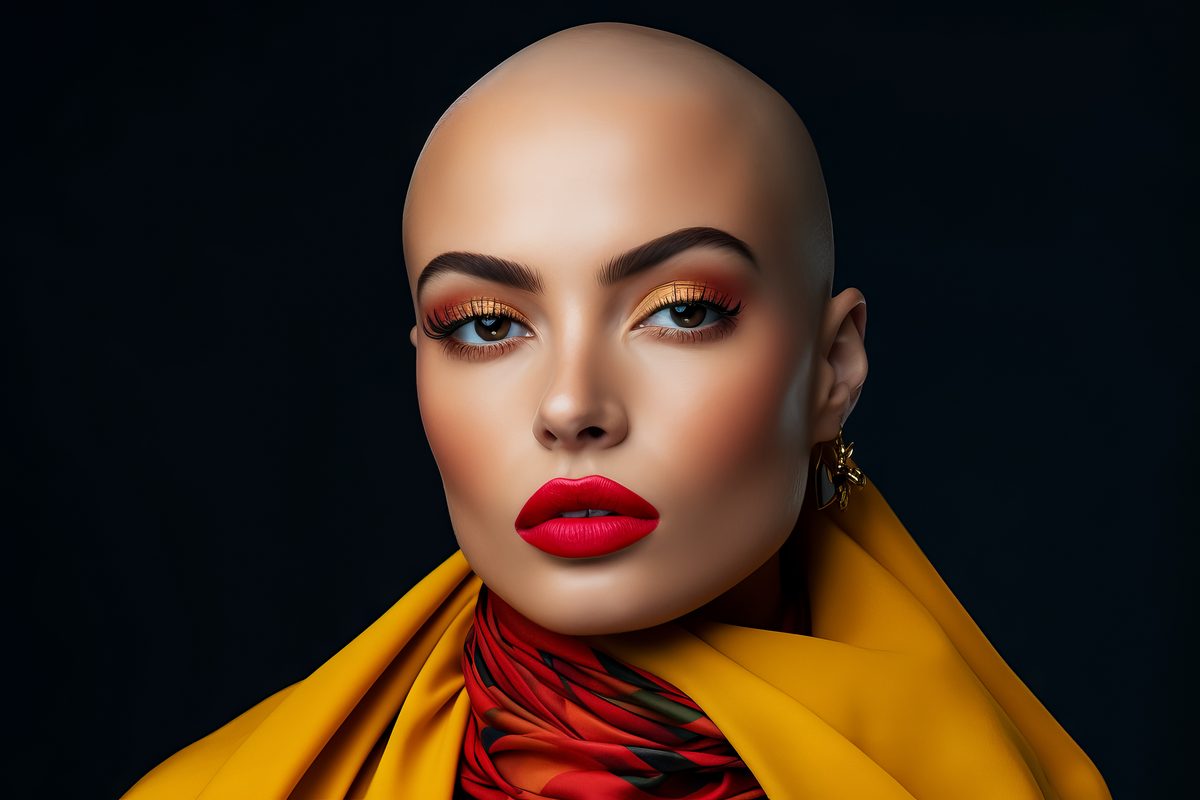 Editorial photography of a young bald woman with red lips dressed in yellow over a black background