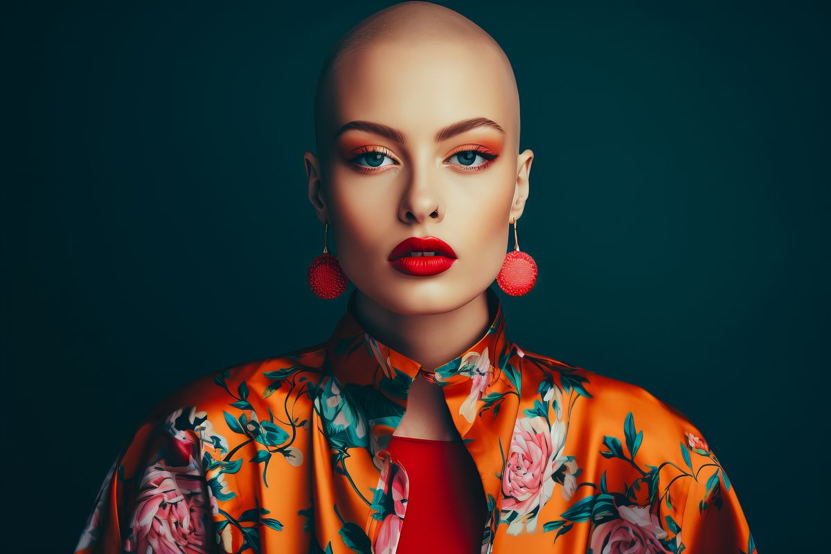 Editorial photography of a young bald woman with red lips wearing a printed jacket