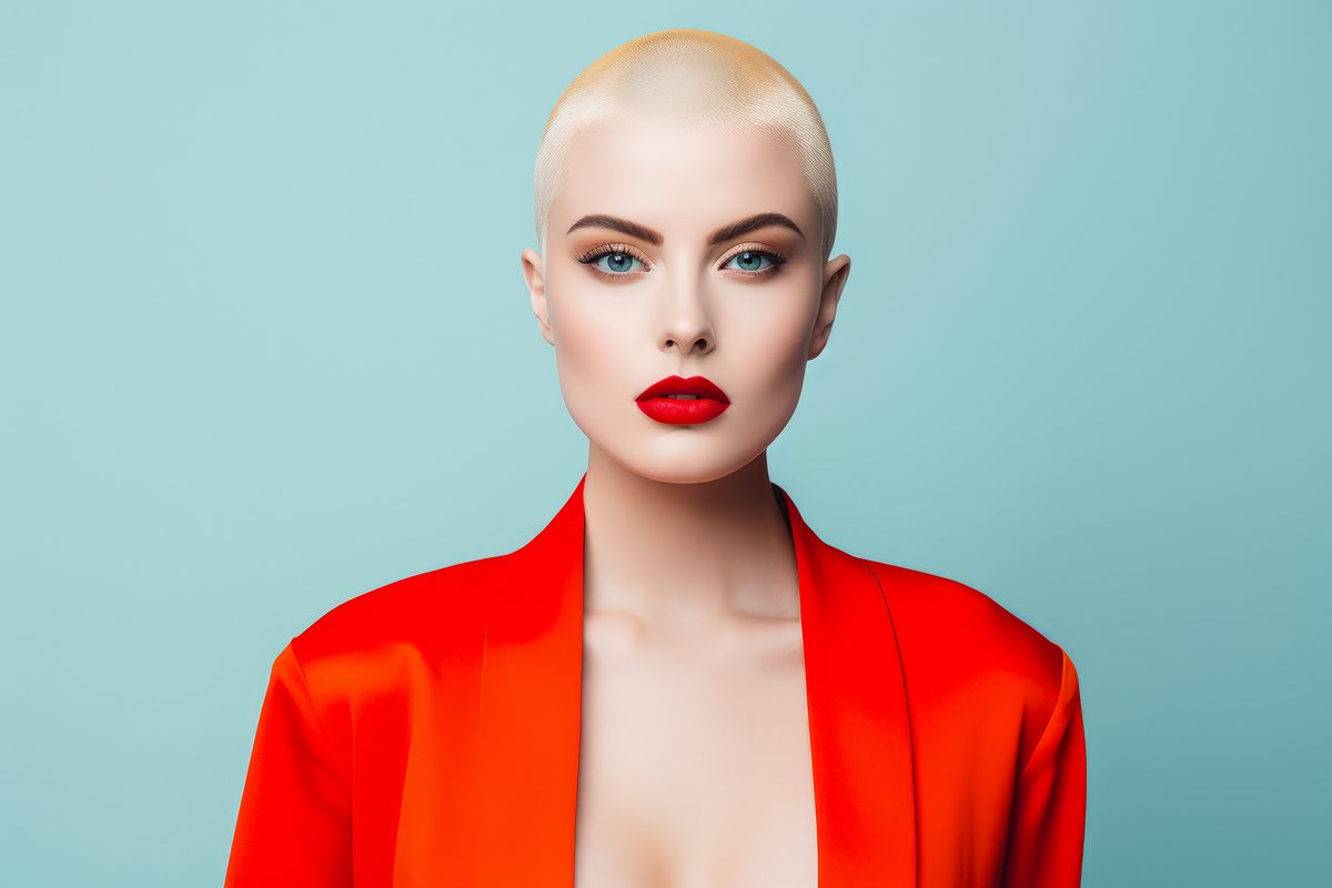 Editorial photography of a young bald woman with red lips wearing a red jacket