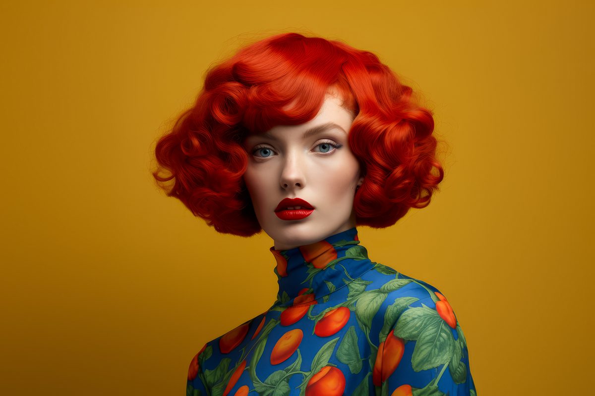 Editorial photography of a young red-hair woman waering a printed dress over a yellow background