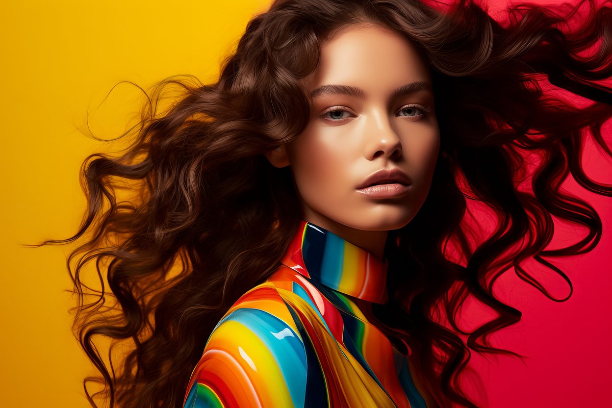Editorial photography of a young woman long curly hair wearing a plastic dress over a colorful background