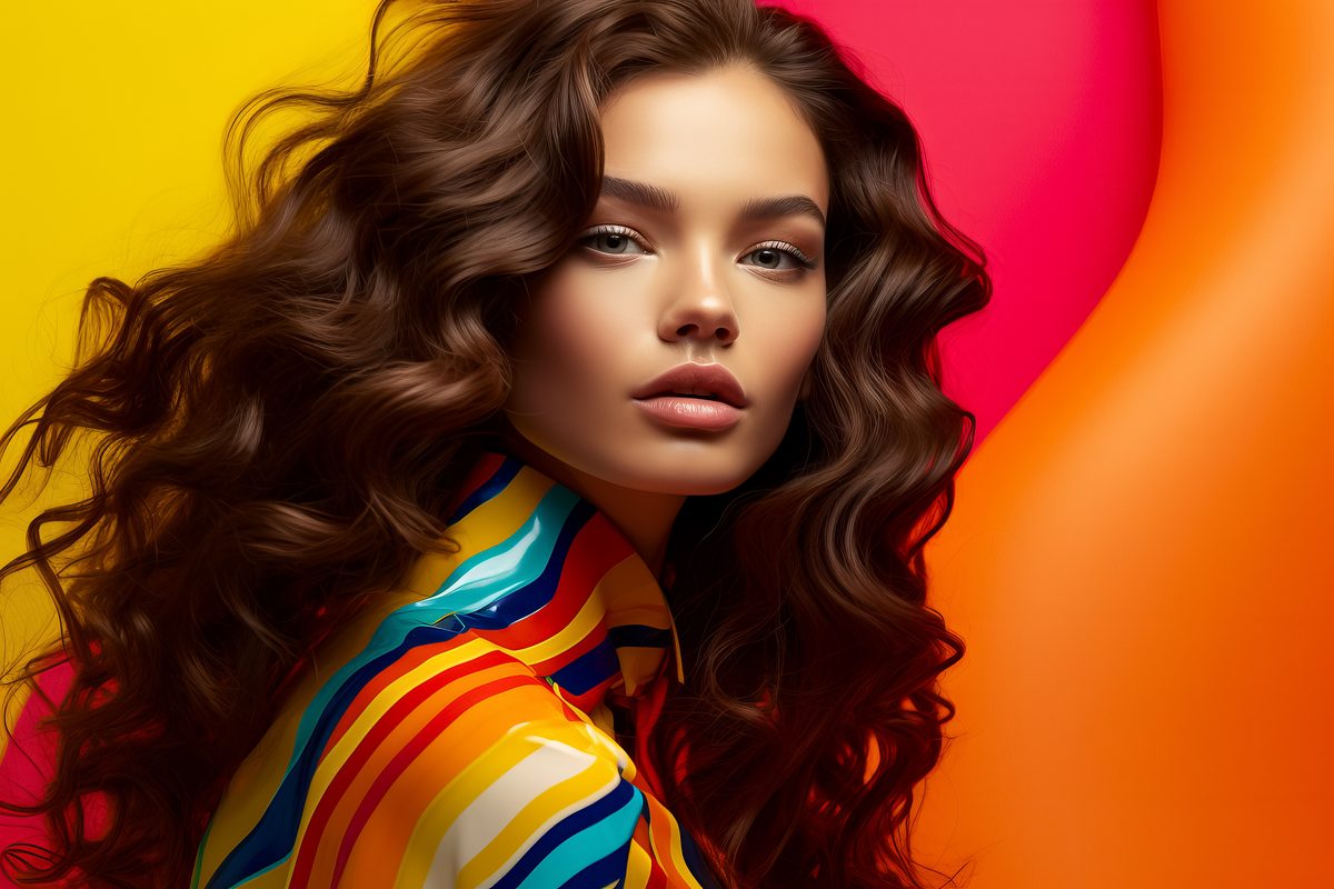 Editorial photography of a young woman long curly hair wearing a vinyl dress over a colorful background