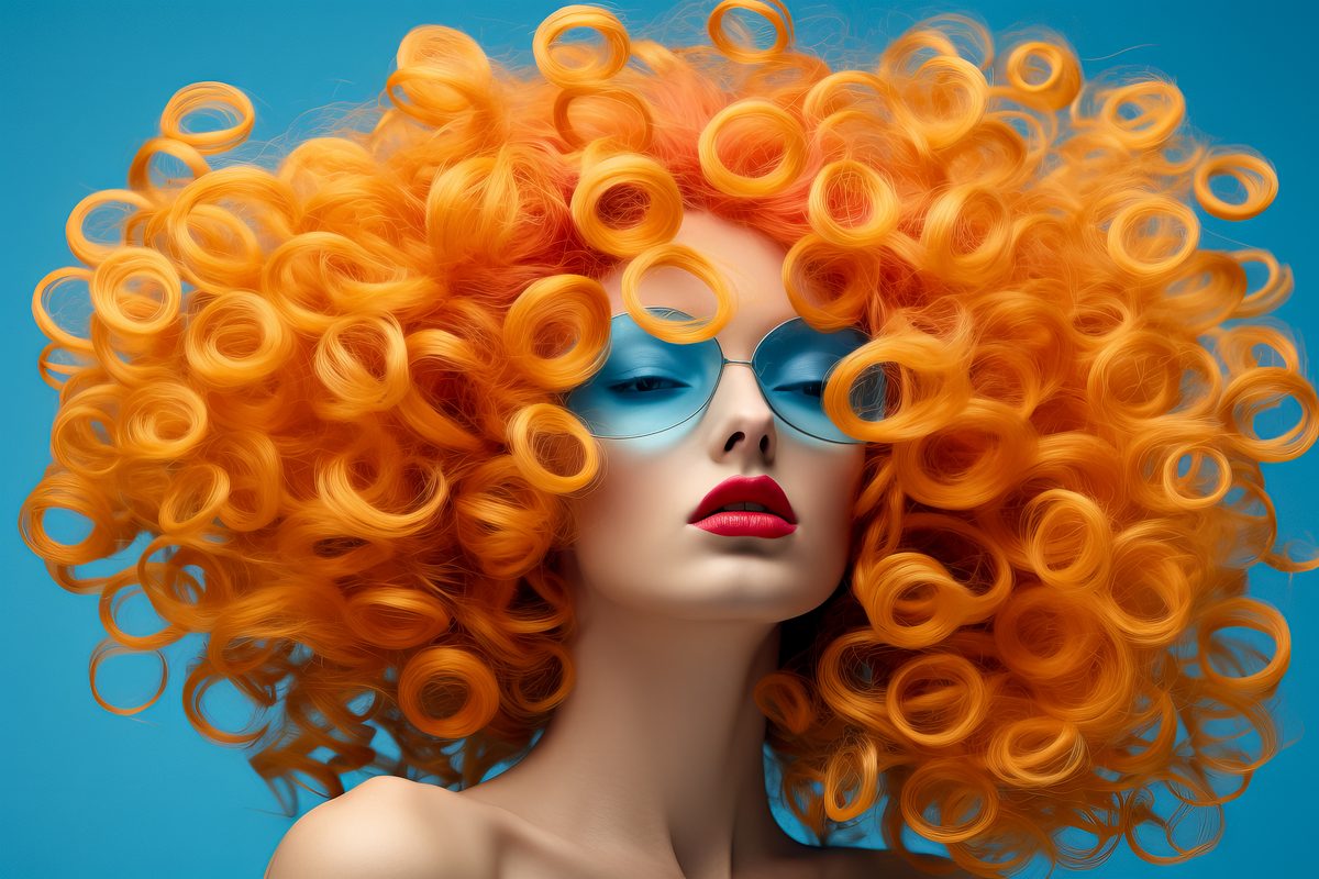Editorial photography of a young woman with impossible curly hair wearing blue sunglasses